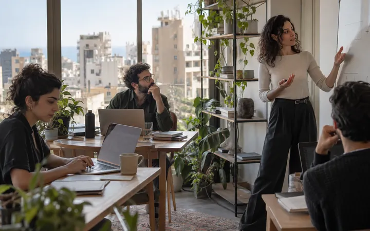 Three people working in a small creative office