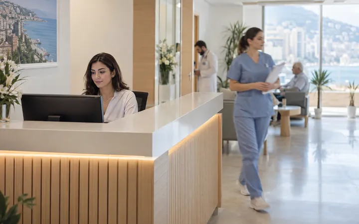 A receptionist at a bright modern clinic