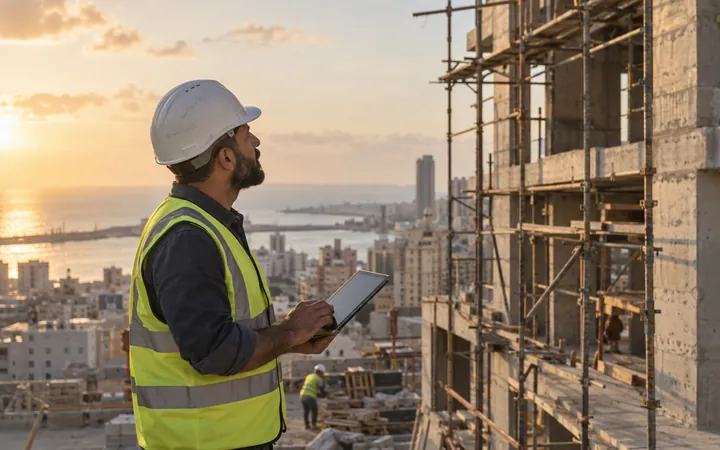 A site supervisor in a hard hat checking a tablet
