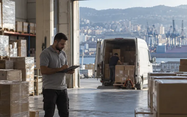 A warehouse worker with a clipboard beside a delivery van