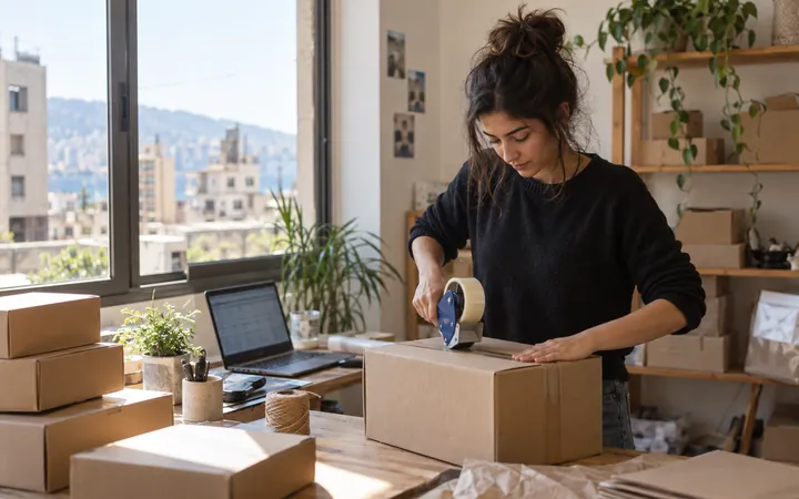 A young woman taping parcels at an ecommerce packing table