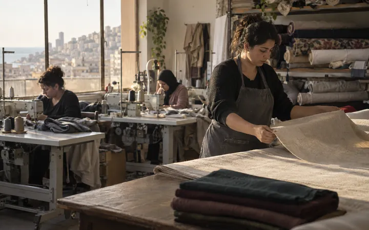 A worker inspecting fabric in a small textile workshop