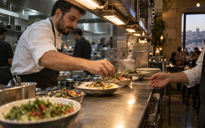 A chef plating a dish at a restaurant pass