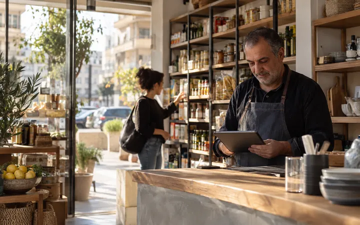 A shop owner checking a tablet behind the counter of his store
