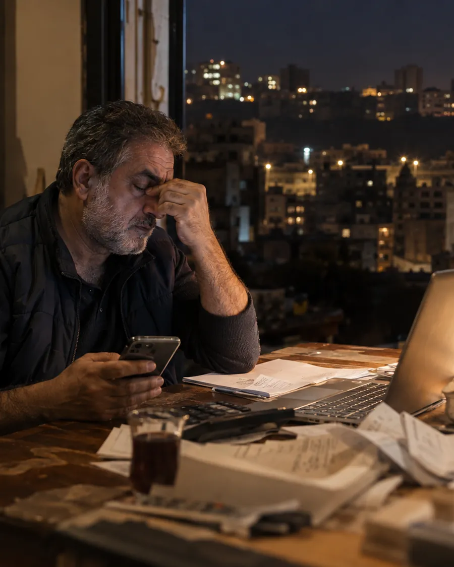 A shop owner at his desk late at night with a phone and receipts