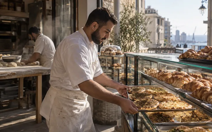A baker sliding a tray of pastries into a display case