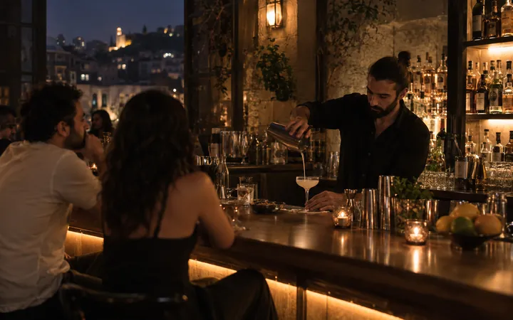 A bartender making a cocktail behind a wooden bar at night