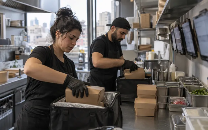 Cooks packing takeaway boxes into delivery bags in a delivery kitchen