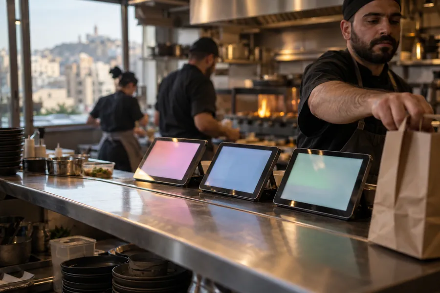 Three delivery app tablets on a restaurant pass
