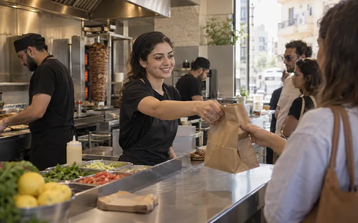 A counter server handing a paper bag across the counter at a fast casual restaurant