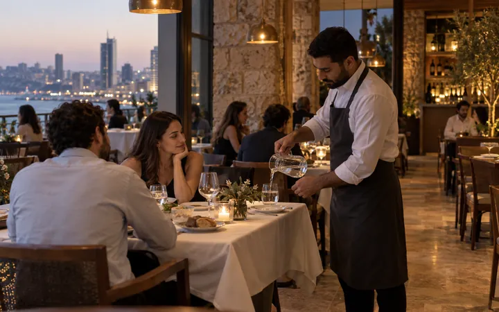 A waiter serving a table in a full service restaurant dining room