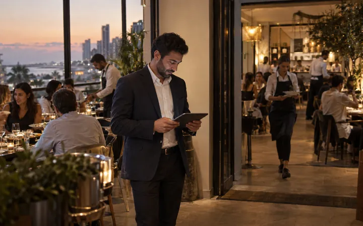 A manager checking a tablet in a busy restaurant dining room