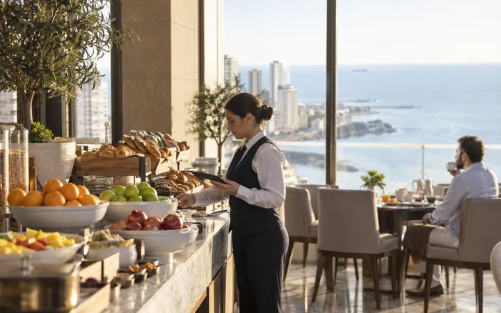 A supervisor checking the buffet line in a hotel breakfast restaurant
