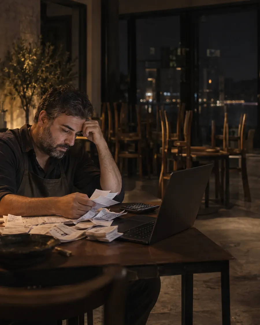 A restaurant owner alone in his closed restaurant late at night counting receipts