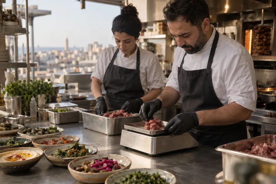 Two chefs weighing portions on a digital scale at a prep table