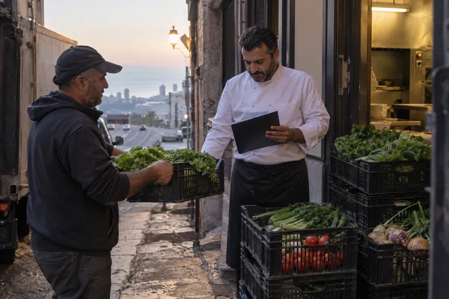 A chef checking a delivery note at the back door in the early morning