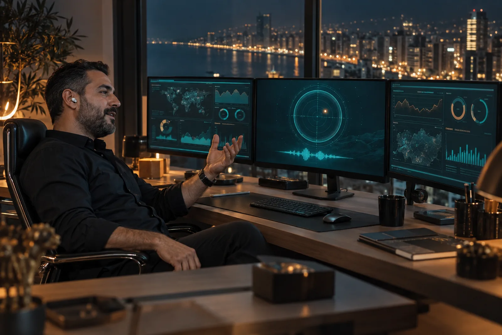 A business owner at his desk with three screens, talking to Radar out loud